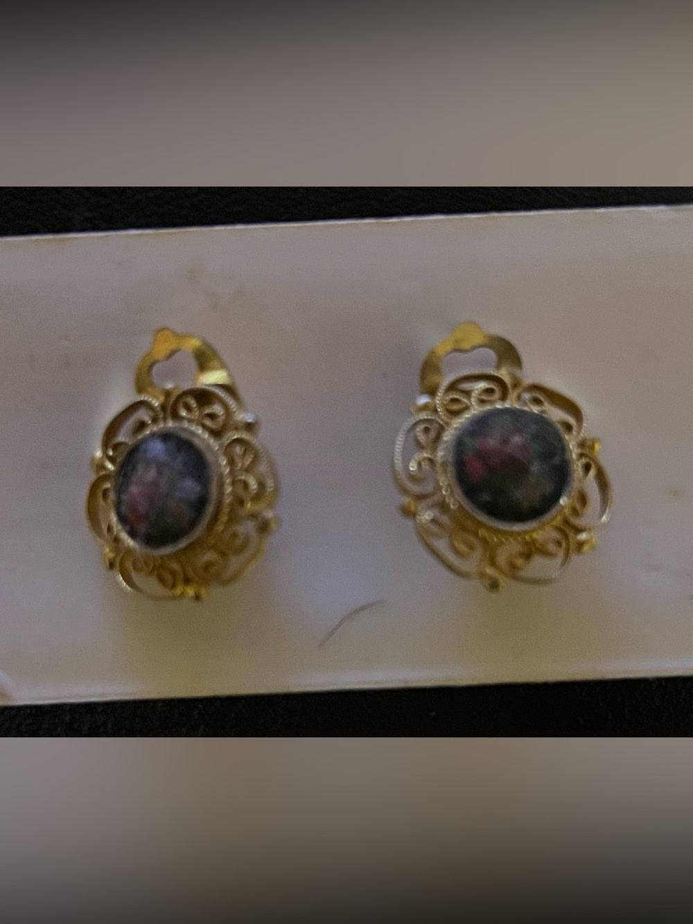 Gold Filigree Clip Earrings with Dark Green and Pink Accents